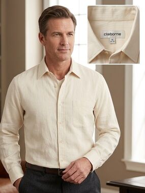 Claiborne Men’s Long-Sleeve Dress Shirt in Light Cream